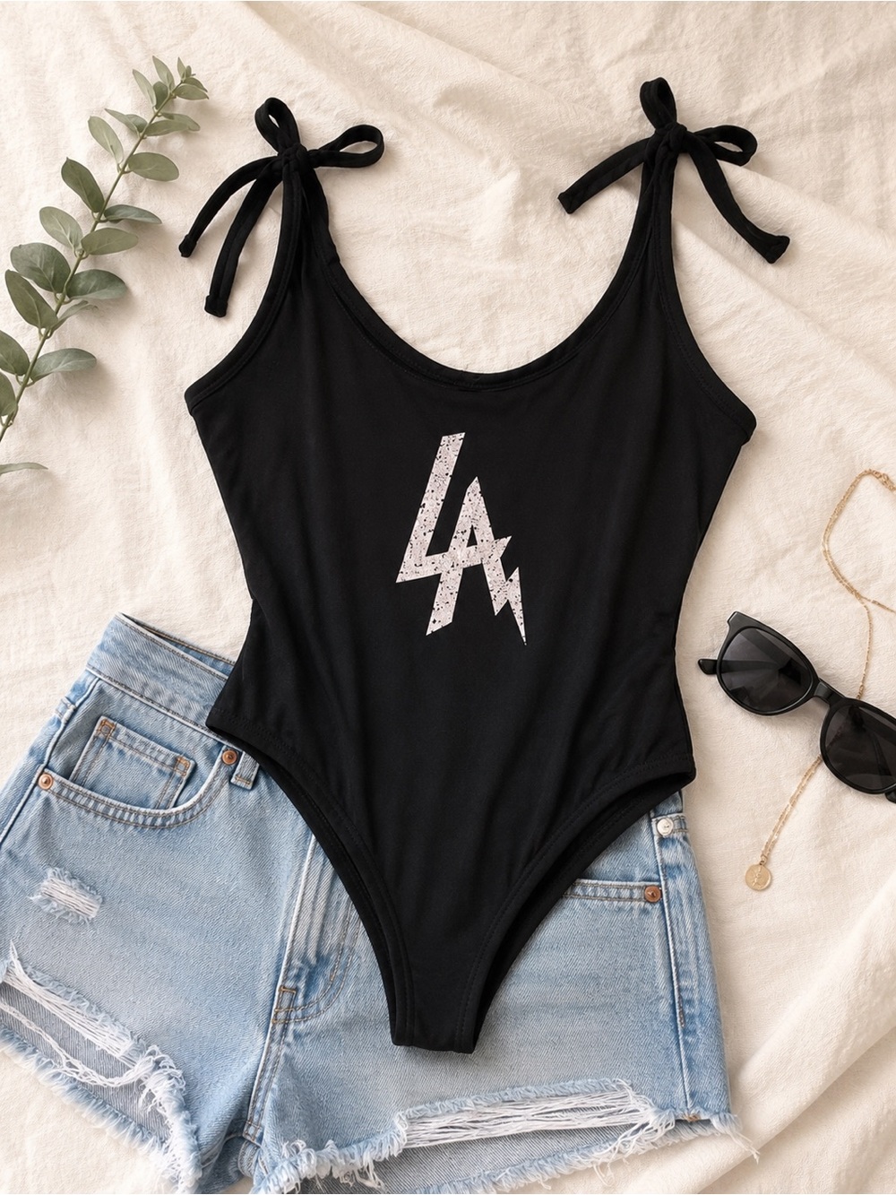 LA Hearts Black Bodysuit Medium Tie Strap Tank Stretch Bodysuit
